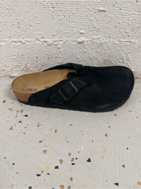 Men's Black Suede Slip-On Clog with Buckle narrow fit